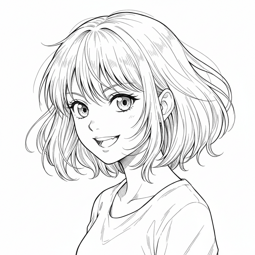 Smiling anime girl with short hair and big eyes in a t-shirt, drawn in detailed black and white line art style.