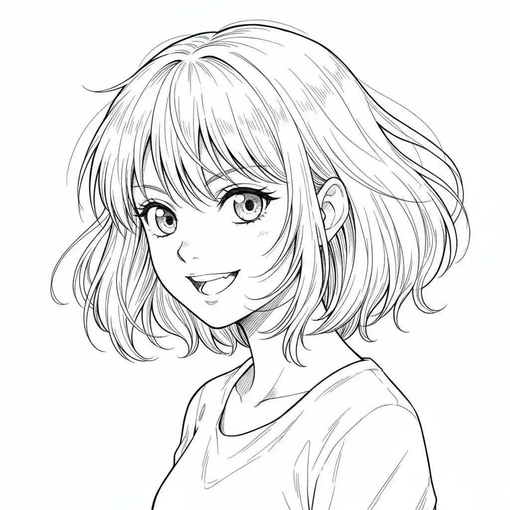 Smiling anime girl with short hair and big eyes in a t-shirt, drawn in detailed black and white line art style.