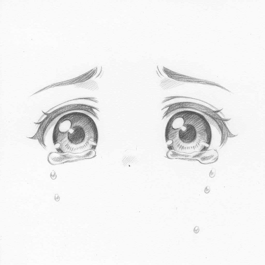 Sketch of expressive anime eyes with tears, capturing emotion and detail. Perfect for illustrating sadness or emotional