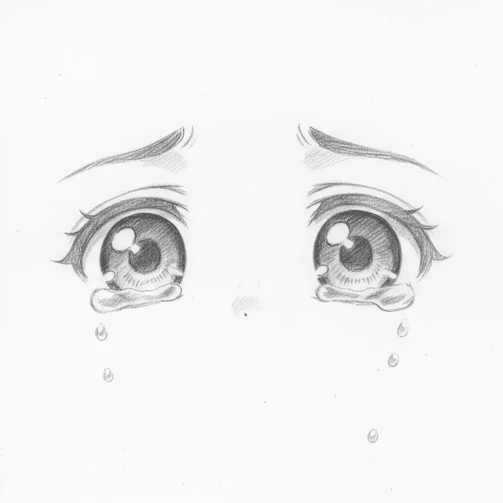 Sketch of expressive anime eyes with tears, capturing emotion and detail. Perfect for illustrating sadness or emotional