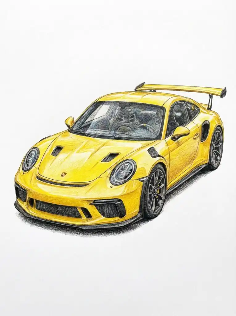 Illustrated yellow sports car with aerodynamic design and rear spoiler, showcasing sleek curves and detailed features on a