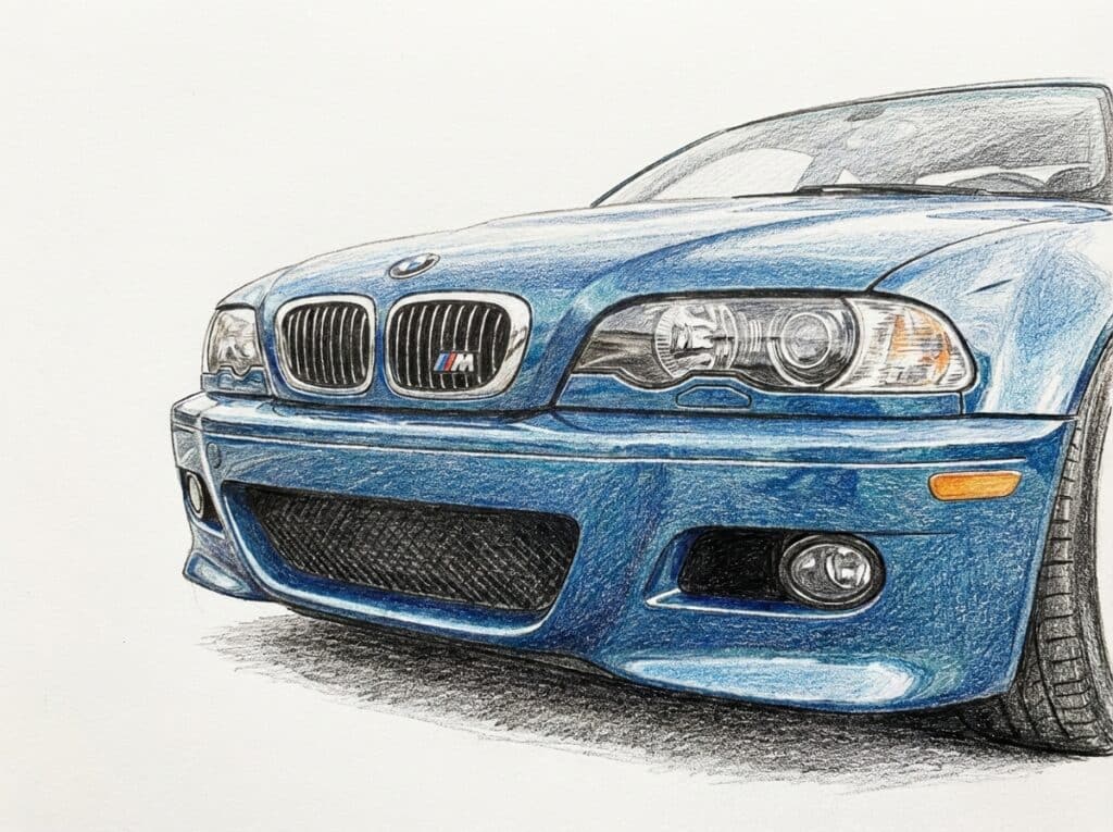Illustration of a blue BMW M series car front, highlighting its sleek design and iconic grille.