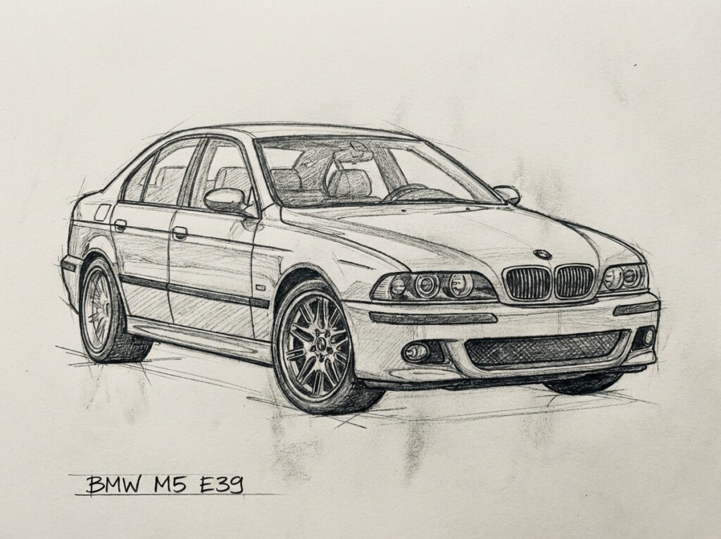 Pencil sketch of a classic BMW M5 E39, showcasing its iconic design and sporty features. Perfect for automotive art