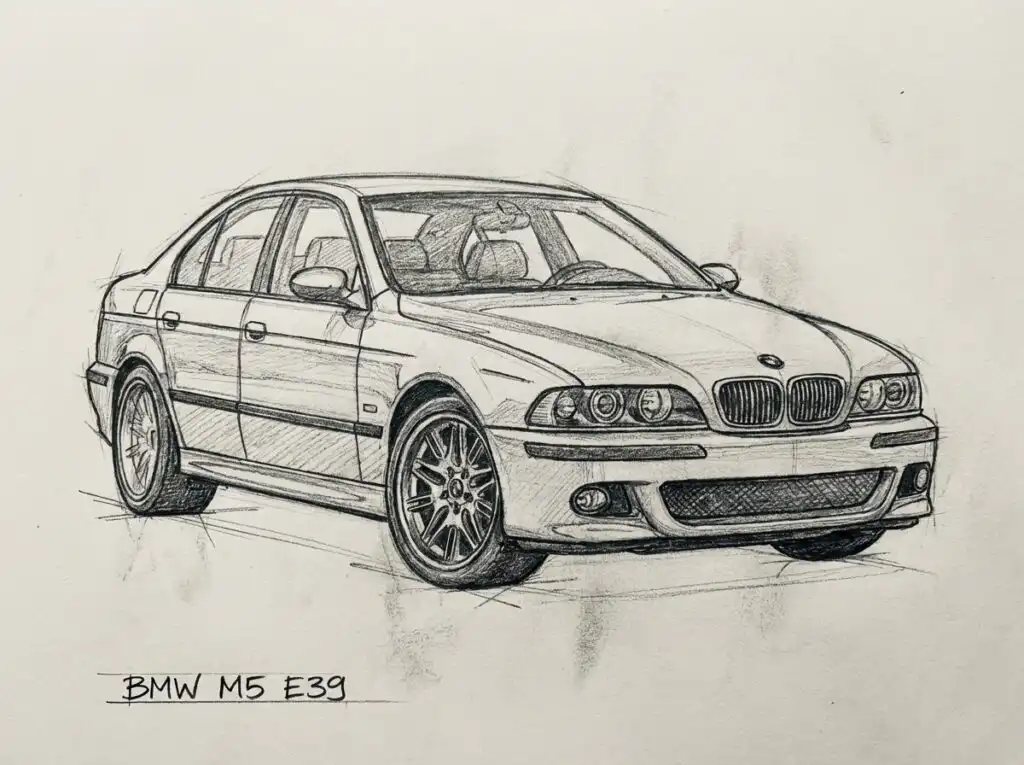 Pencil sketch of a classic BMW M5 E39, showcasing its iconic design and sporty features. Perfect for automotive art