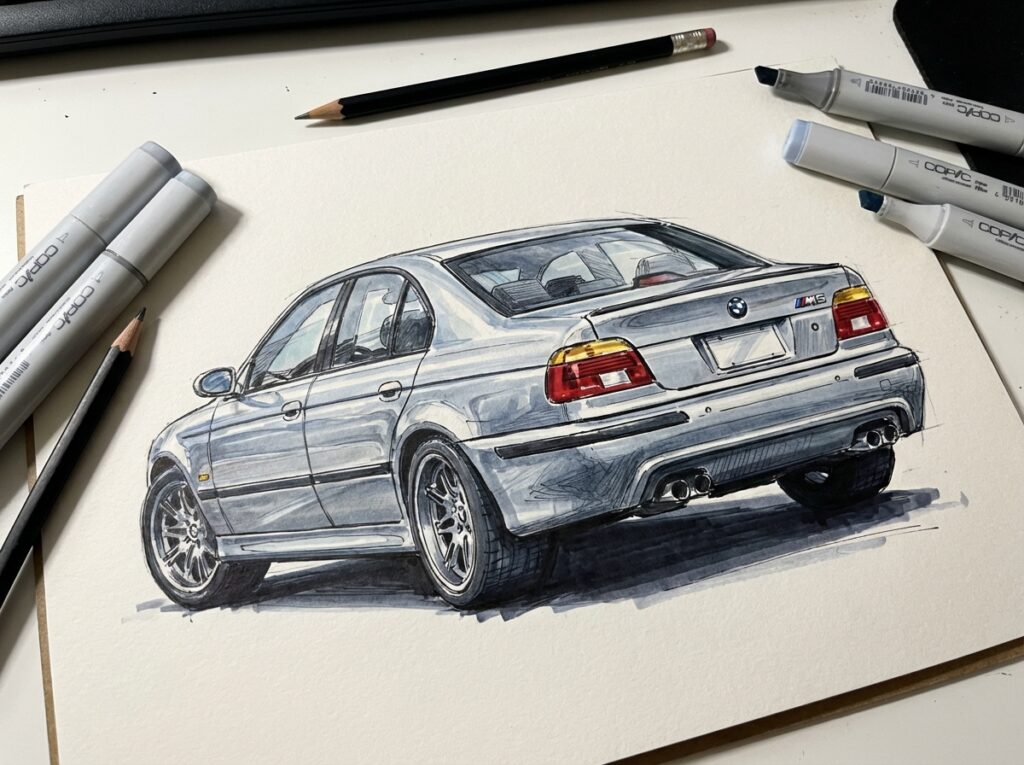 Illustration of a silver BMW M5 car drawn with pencils and markers, showcasing detailed design and artistic shading on paper.