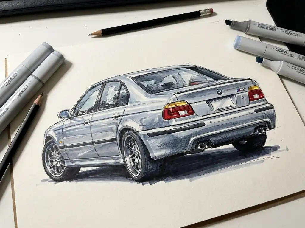 Illustration of a silver BMW M5 car drawn with pencils and markers, showcasing detailed design and artistic shading on paper.