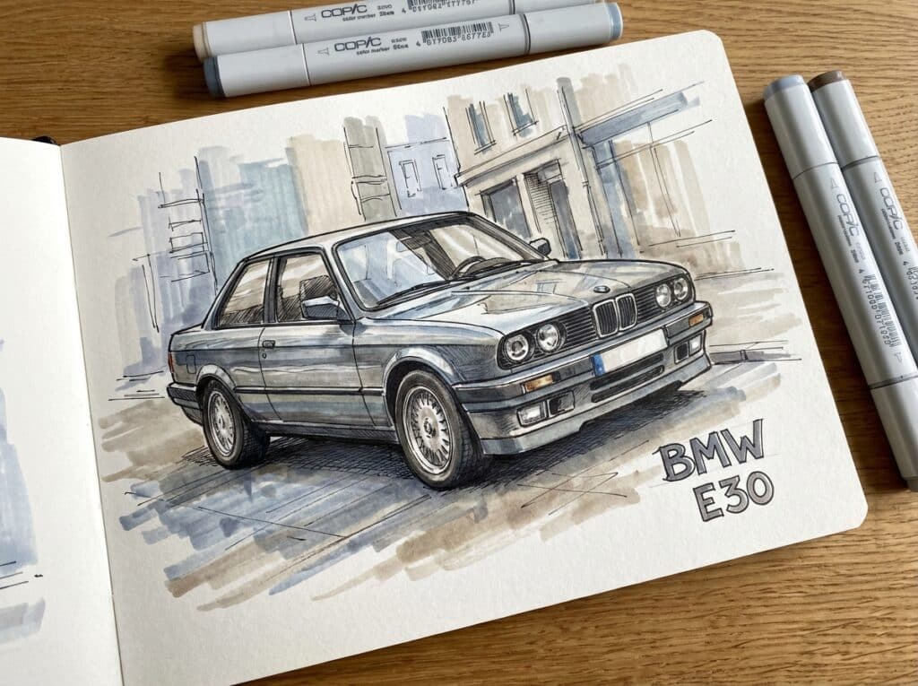 Illustration of a classic BMW E30 car in a sketchbook with Copic markers on a wooden table.