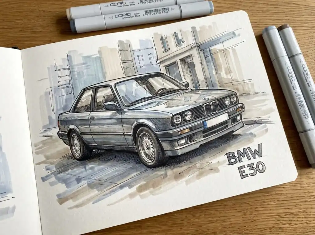 Illustration of a classic BMW E30 car in a sketchbook with Copic markers on a wooden table.