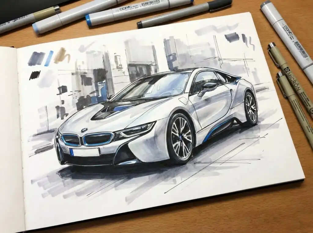 Sketch of a sleek, futuristic sports car in a notebook, surrounded by markers on a wooden desk.