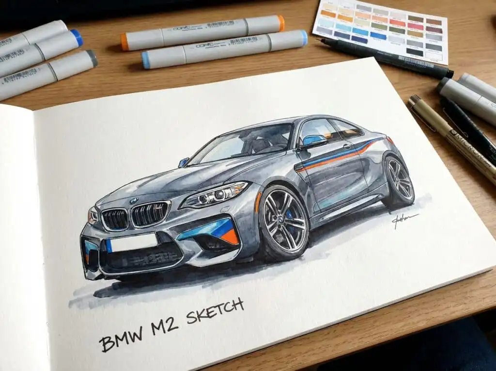 Hand-drawn BMW M2 sketch with markers on paper, surrounded by drawing tools, showcasing detailed design and vibrant colors.
