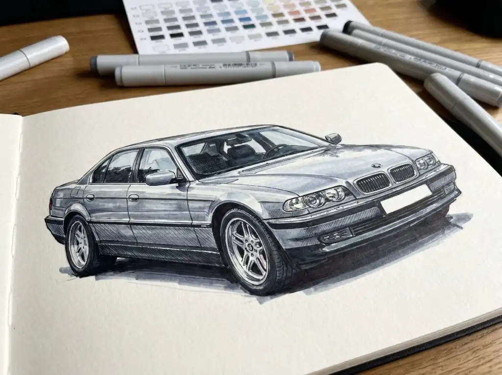 Sketch of a classic BMW sedan with detailed shading, surrounded by several markers and a color palette on a wooden desk.