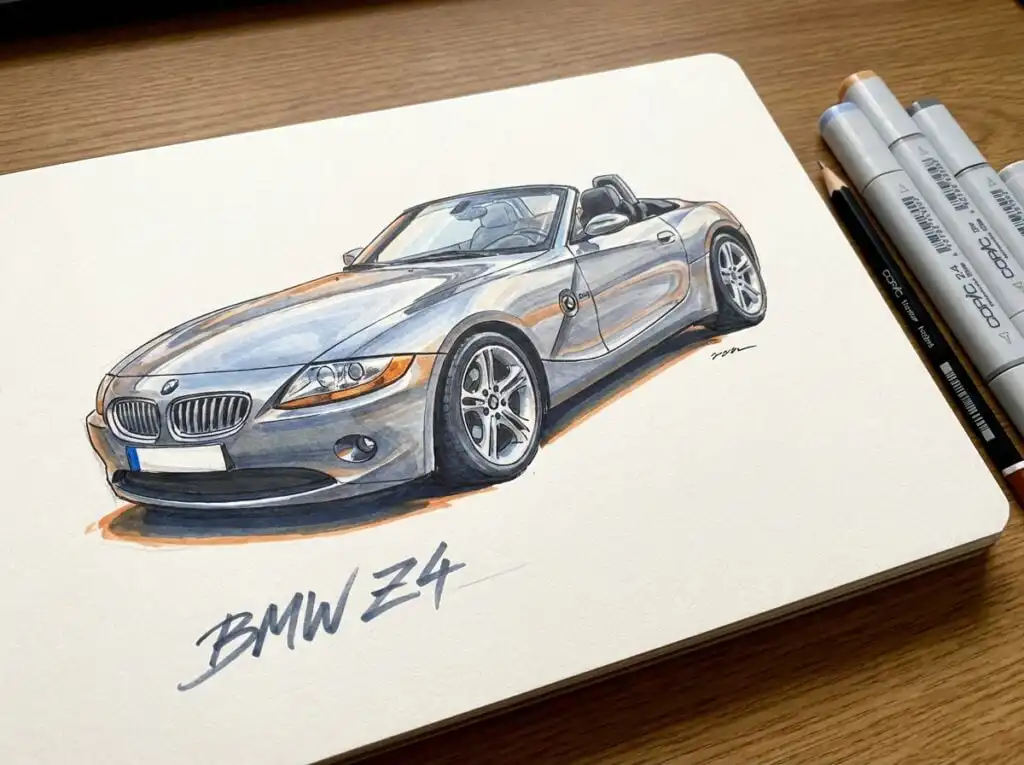 Illustration of a BMW Z4 convertible drawn with markers on paper, showcasing artistic car design.