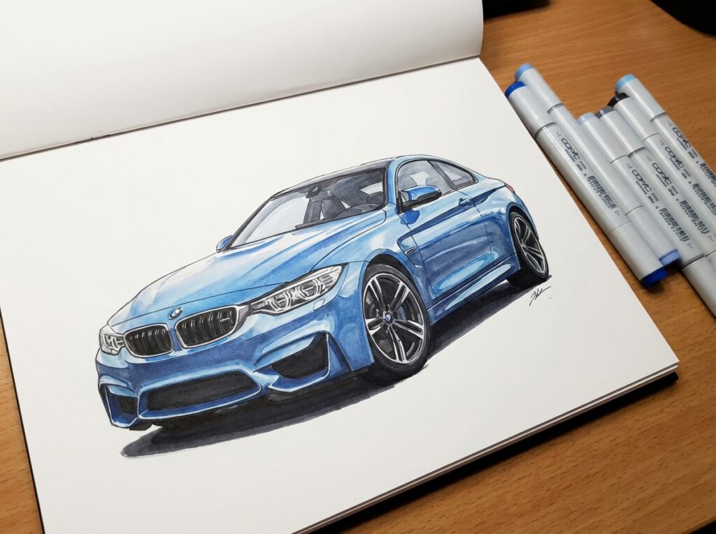Illustration of a blue sports car drawn in a sketchbook, with art markers on a wooden table. Perfect for automotive art