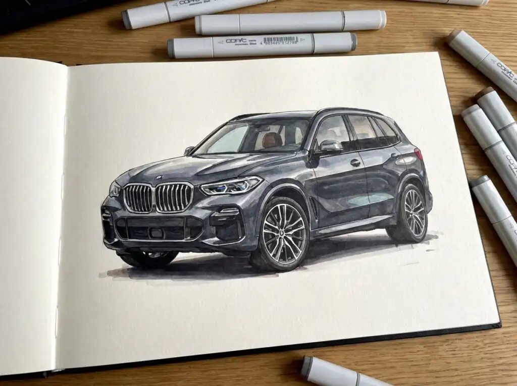 Illustration of a black SUV drawn in a sketchbook with Copic markers visible, showcasing detailed automotive artwork.
