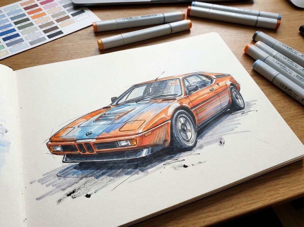Illustration of a classic orange sports car in a sketchbook, surrounded by coloring markers on a wooden desk.