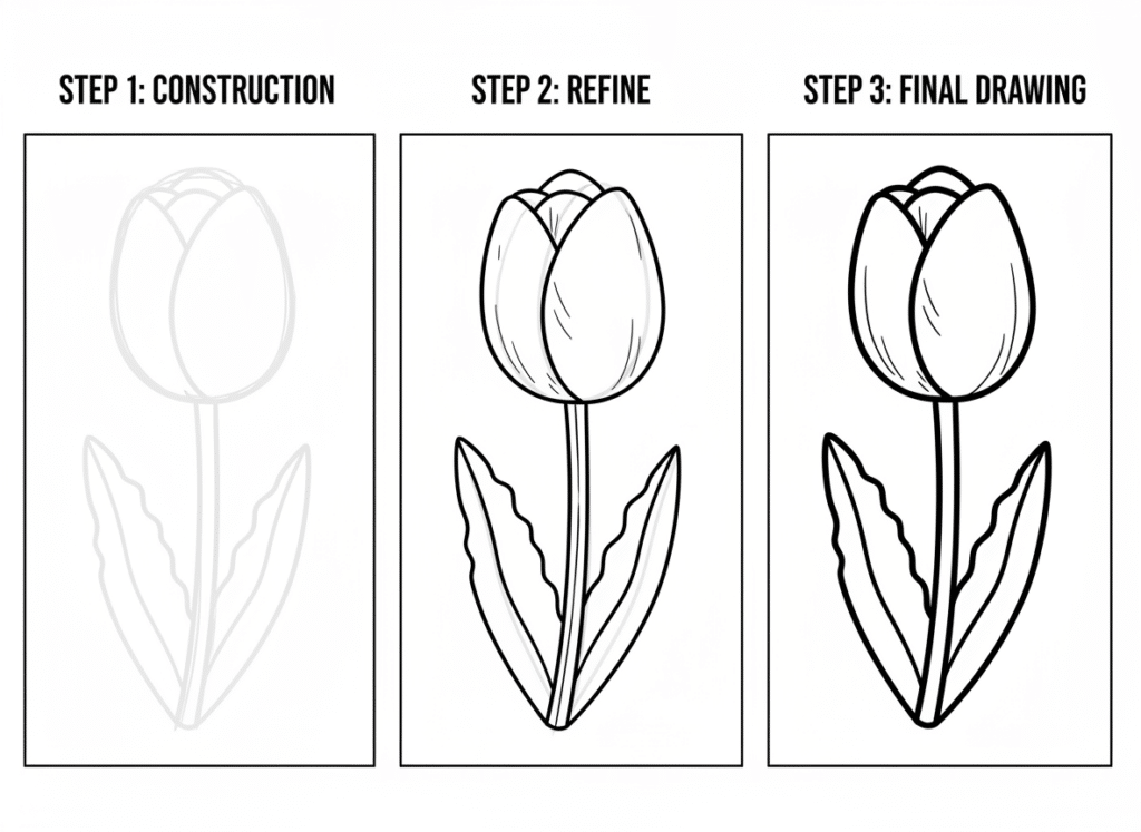 Three-step tulip drawing guide: construction, refine, and final drawing stages illustrate how to sketch a tulip with