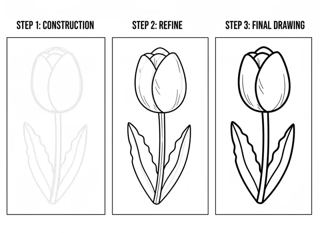 Three-step tulip drawing guide: construction, refine, and final drawing stages illustrate how to sketch a tulip with