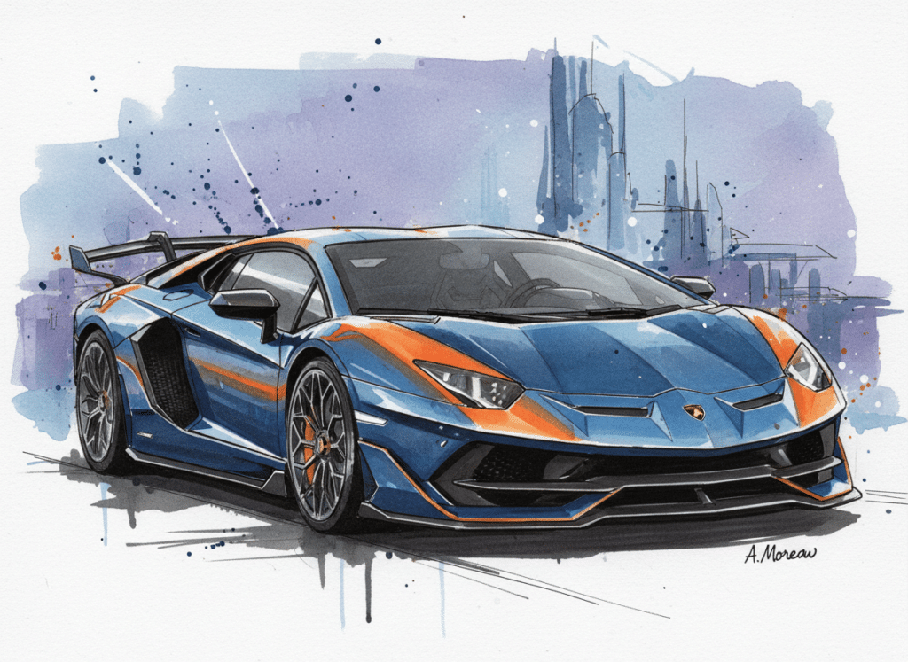 dreamcanvas-1769098902178 Illustrated blue and orange sports car with a city skyline in the background, showcasing sleek design and dynamic colors. | Sky Rye Design Illustrated blue and orange sports car with a city skyline in the background, showcasing sleek design and dynamic colors.