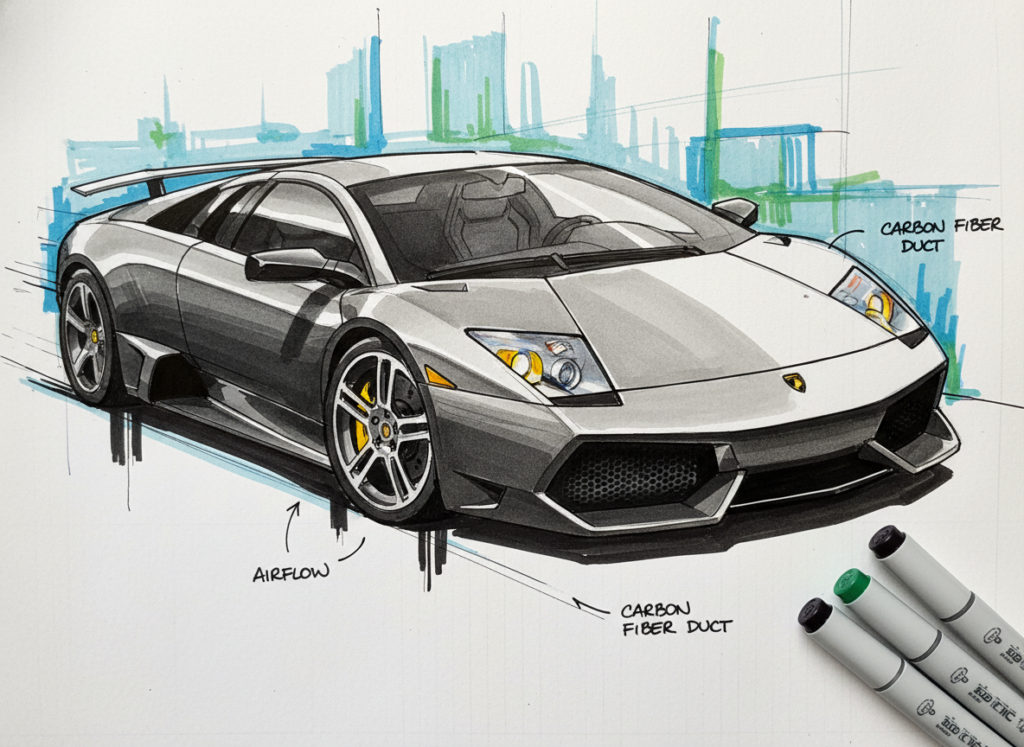 dreamcanvas-1769109464629 Illustration of a sleek, dark gray sports car with aerodynamic features and carbon fiber ducts, highlighted in a detailed | Sky Rye Design Illustration of a sleek, dark gray sports car with aerodynamic features and carbon fiber ducts, highlighted in a detailed