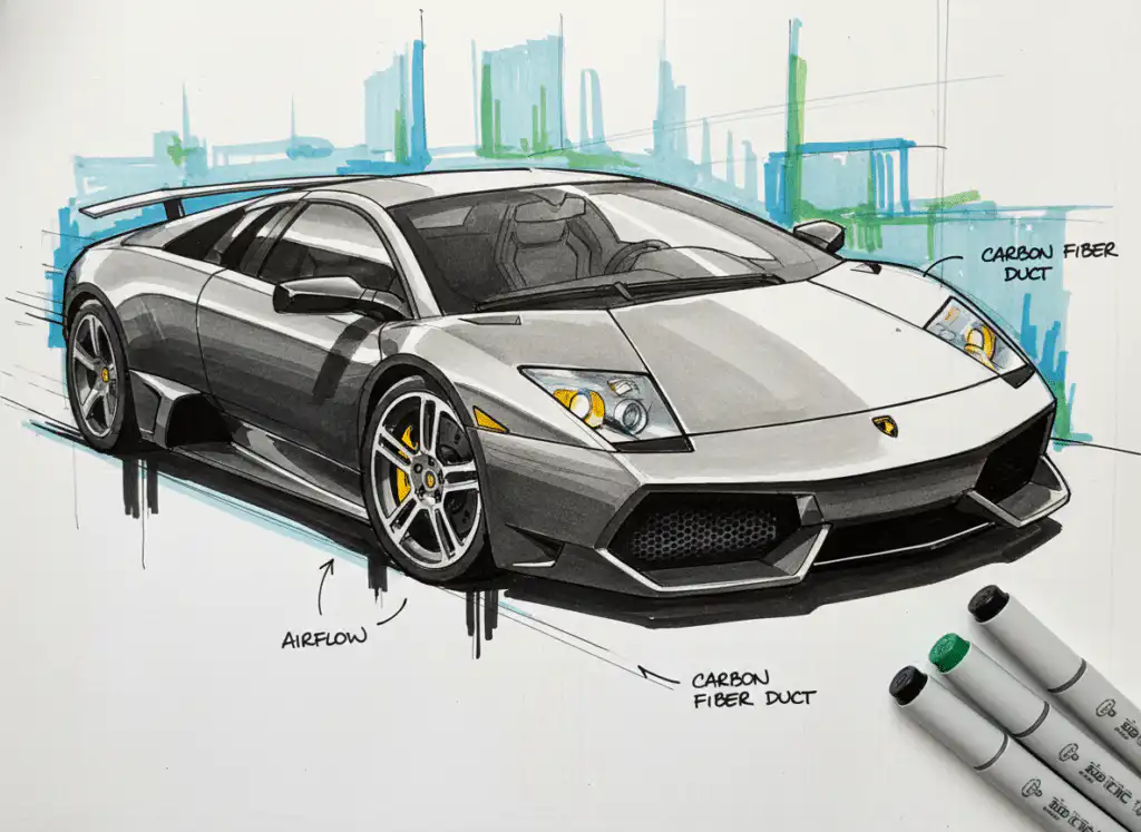 Illustration of a sleek, dark gray sports car with aerodynamic features and carbon fiber ducts, highlighted in a detailed