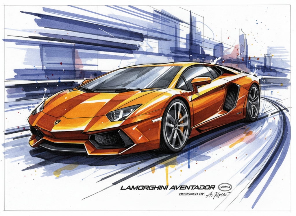 dreamcanvas-1769109821135 Illustrated orange Lamborghini Aventador speeding on urban road with dynamic motion blur, showcasing sleek design. | Sky Rye Design Illustrated orange Lamborghini Aventador speeding on urban road with dynamic motion blur, showcasing sleek design.