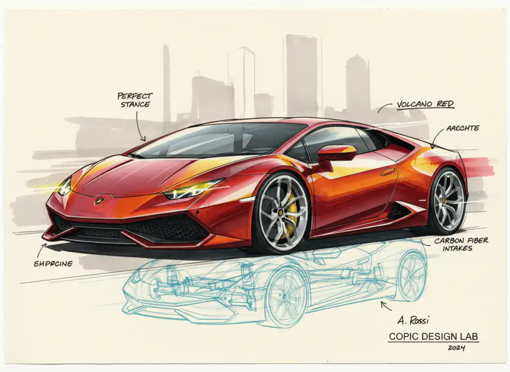 Illustrated red sports car design concept with labeled features like carbon fiber intakes and perfect stance, showcasing
