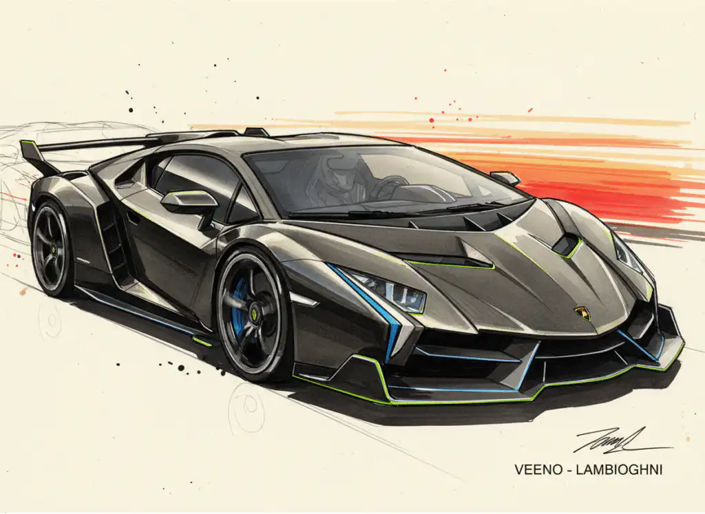 Illustration of a sleek, futuristic sports car design, featuring a dynamic structure with vibrant accents against a blurred