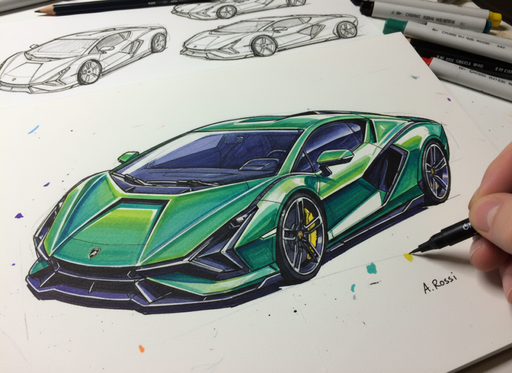 dreamcanvas-1769110520491 Illustration process of a sleek green sports car, showcasing detailed sketching and vibrant coloring techniques by an artist. | Sky Rye Design Illustration process of a sleek green sports car, showcasing detailed sketching and vibrant coloring techniques by an artist. Lamborghini drawing