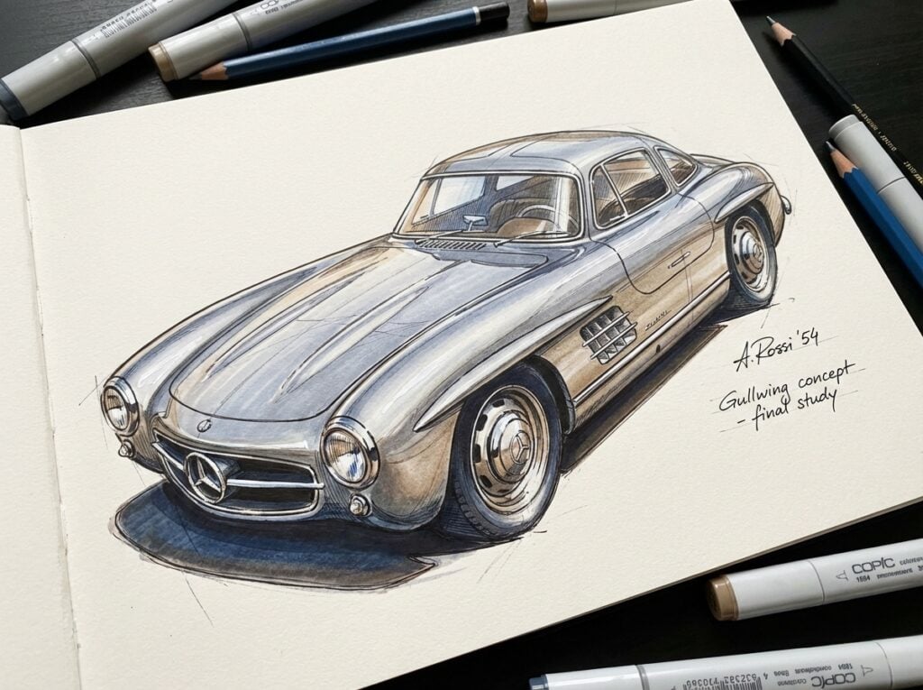 Illustration of a classic gullwing car concept design sketch with markers and pencils, labeled A. Rossi '54, Gullwing