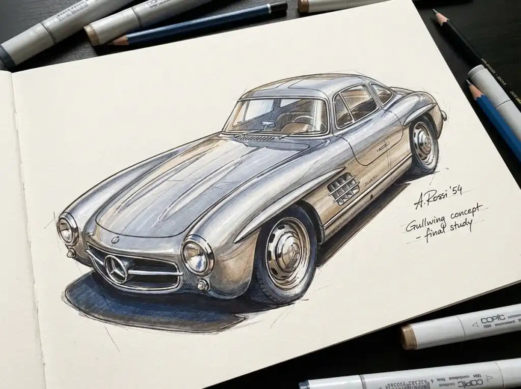 Illustration of a classic gullwing car concept design sketch with markers and pencils, labeled A. Rossi '54, Gullwing