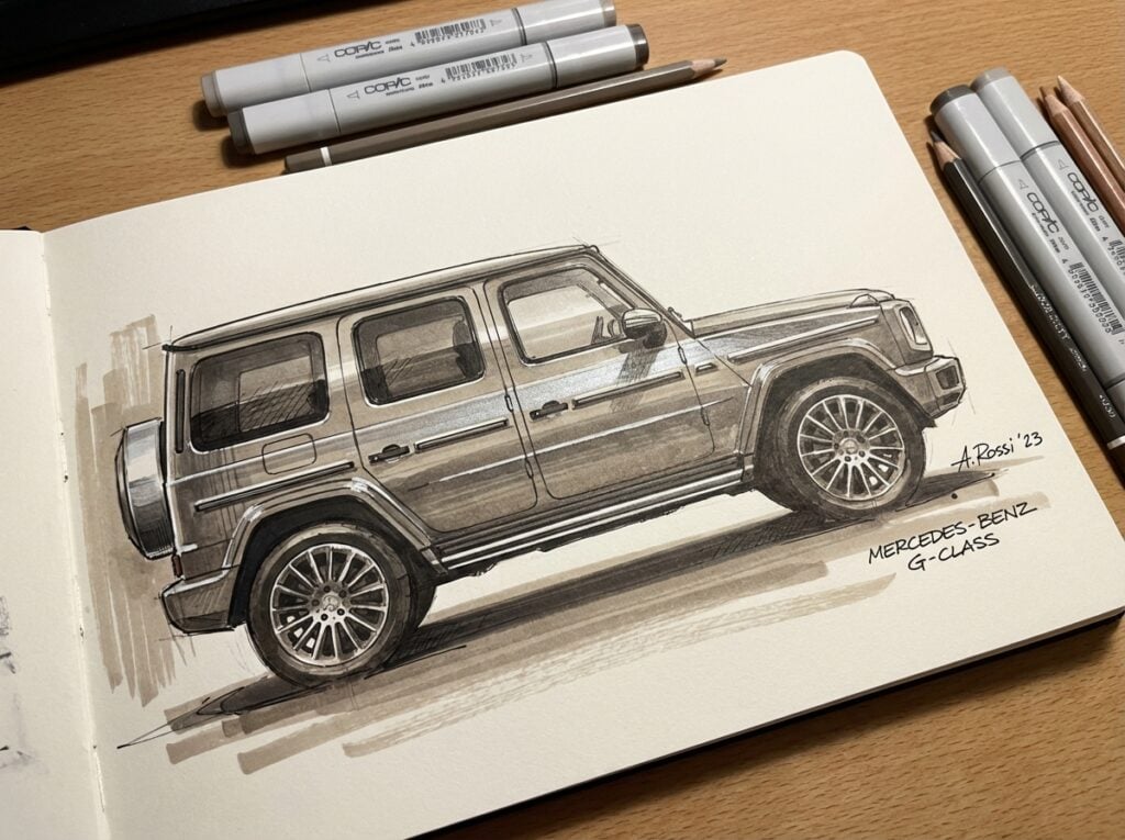 Sketch of a Mercedes-Benz G-Class SUV on a sketchbook with markers and pencils around it, showcasing detailed design