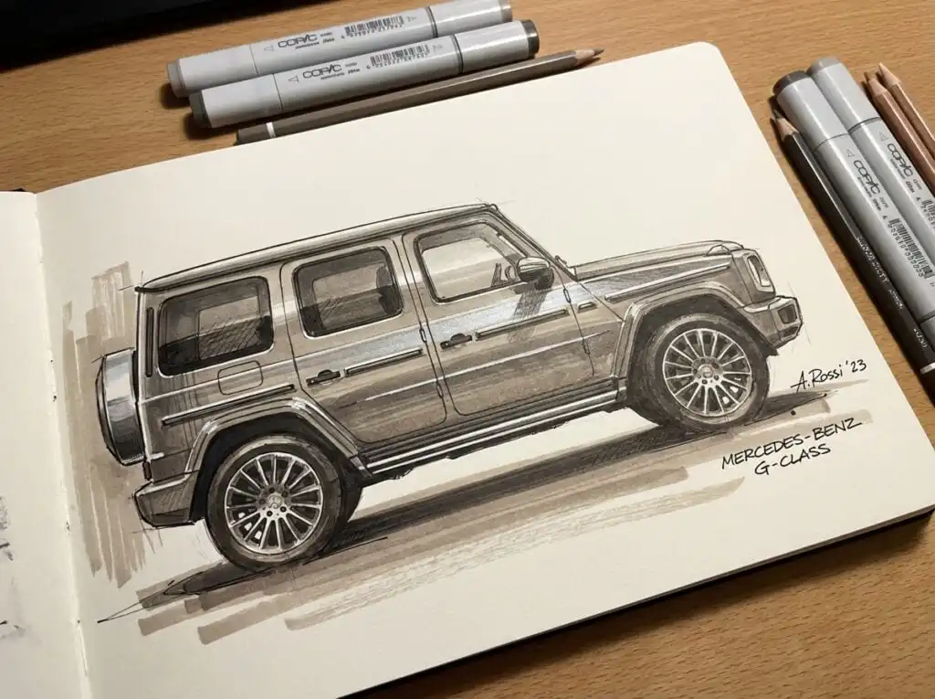 Sketch of a Mercedes-Benz G-Class SUV on a sketchbook with markers and pencils around it, showcasing detailed design