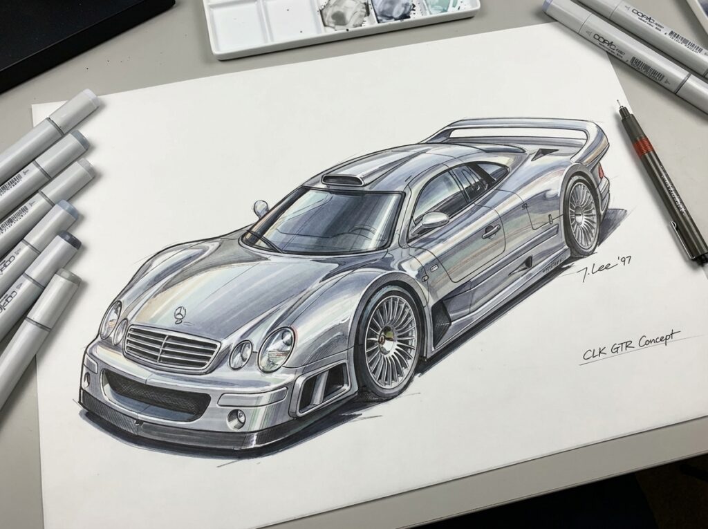 Illustration of a sleek silver sports car concept design with markers and pens on a desk, showcasing automotive artistry and
