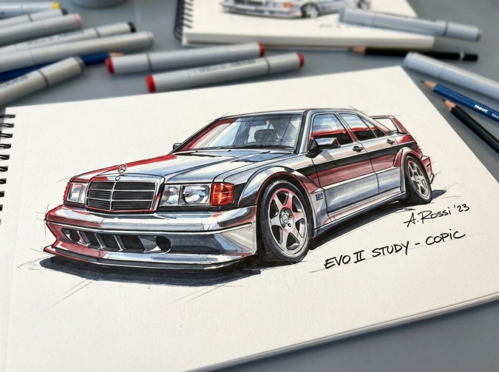 Illustration of a detailed sports car sketch labeled EVO II Study - Copic by A. Rossi, surrounded by markers and pencils.