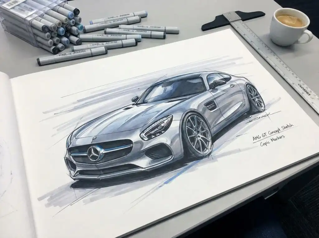Sketch of a Mercedes AMG GT concept car on a desk with Copic markers, ruler, and coffee cup. Automotive design illustration.