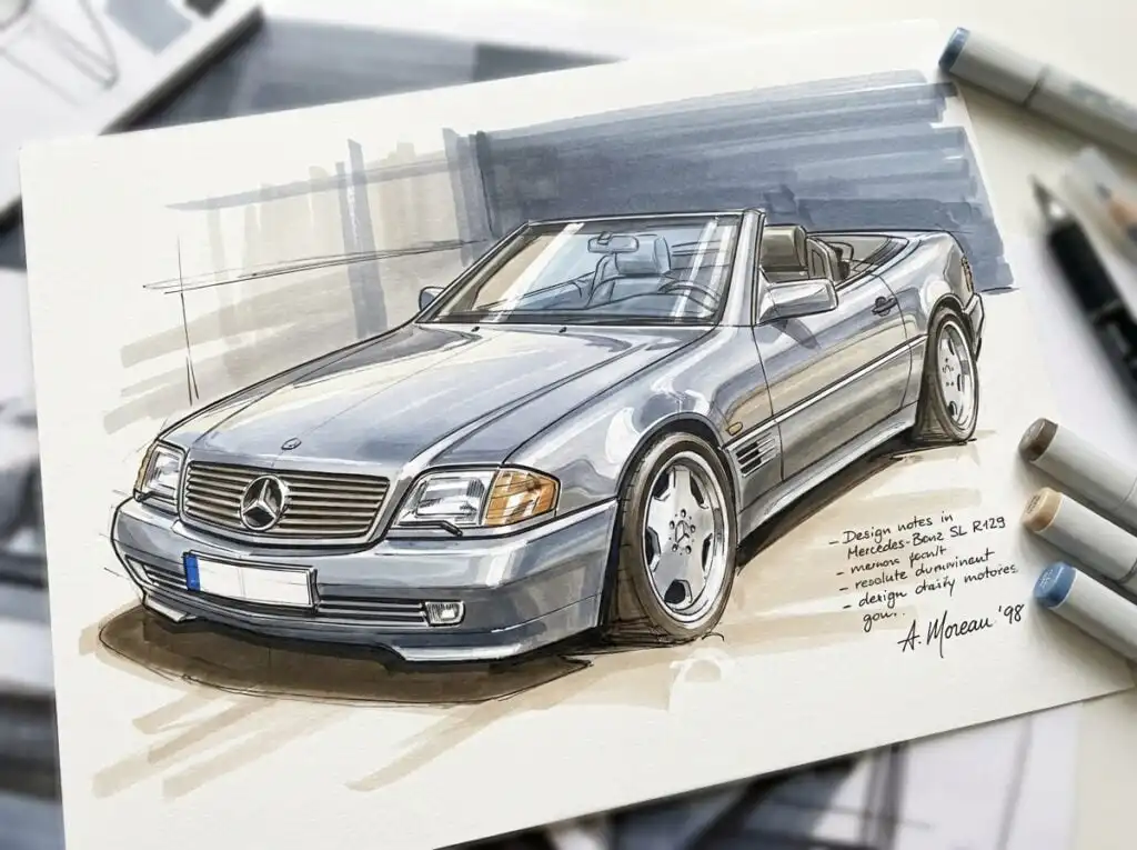 Illustration of a Mercedes-Benz SL R129 convertible with design notes, showcasing its sleek, classic automotive design.