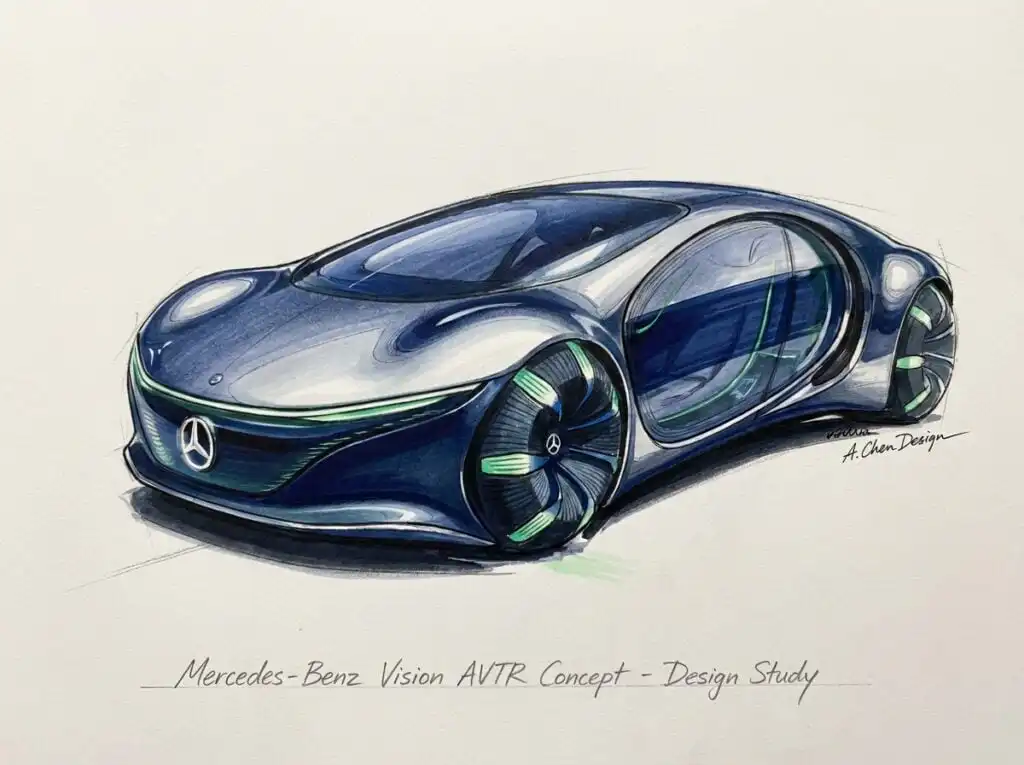 Futuristic Mercedes-Benz Vision AVTR concept car sketch with sleek design and innovative features, highlighting modern