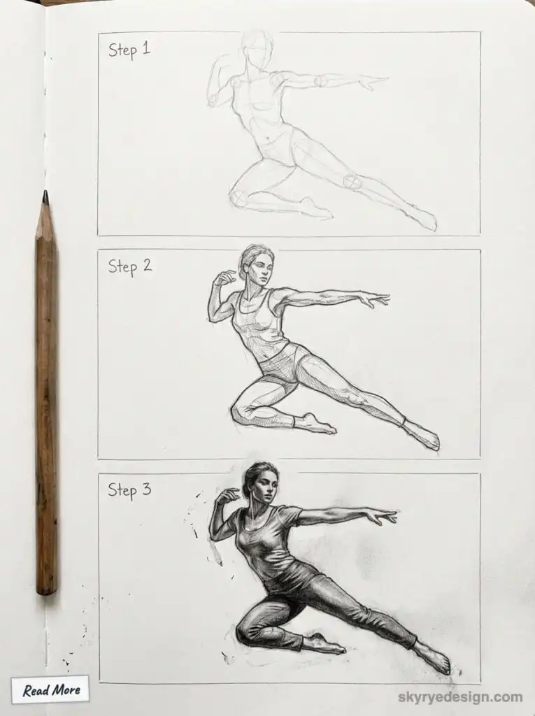Sketching a dynamic pose in three steps: outline, detail, and shading. Pencil art tutorial on drawing a realistic human figure.