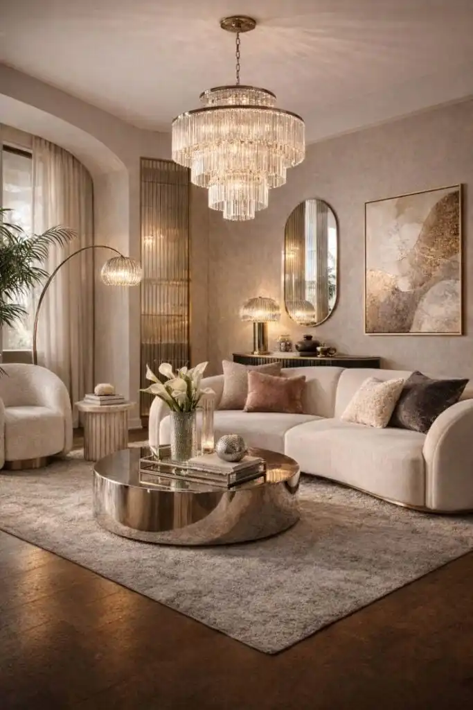 Luxurious living room with crystal chandelier, cozy beige sofa, coffee table, modern decor, and elegant artwork on the wall.