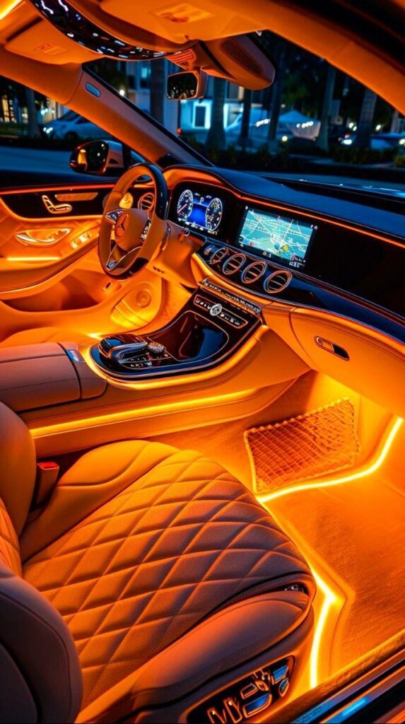 efcb9232-9b86-406a-9c9a-8c13f1fa2552 Luxury car interior with ambient orange lighting, leather seats, modern dashboard, and navigation screen for premium driving experience. | Sky Rye Design Luxury car interior with ambient orange lighting, leather seats, modern dashboard, and navigation screen for premium driving experience.