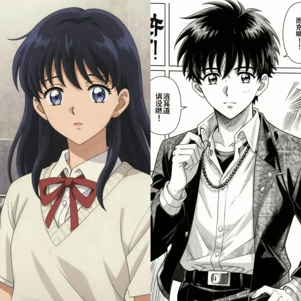 f05358cc56304c61b5d8398e50e8348d Anime characters: a blue-eyed girl with dark hair in a white blouse with bow tie, and a dark-haired boy in a suit, standing confidently. | Sky Rye Design Anime characters: a blue-eyed girl with dark hair in a white blouse with bow tie, and a dark-haired boy in a suit, standing confidently.