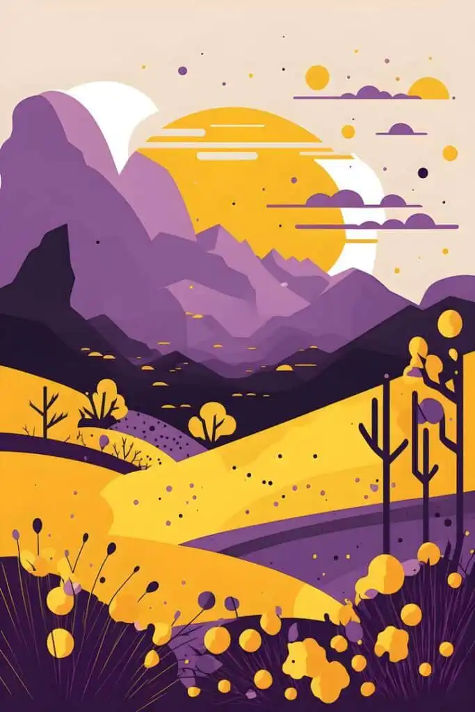 f389aa322c46f3c72e25beec71771308 Abstract landscape illustration featuring colorful mountains, sun, and trees in vibrant yellows and purples. Creative, modern art. | Sky Rye Design Abstract landscape illustration featuring colorful mountains, sun, and trees in vibrant yellows and purples. Creative, modern art.