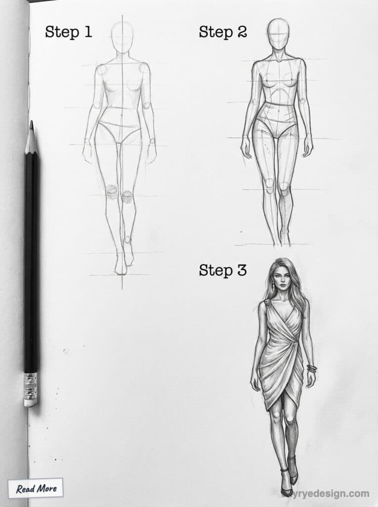 fashion sketch Fashion sketch progression: Step-by-step guide to drawing a stylish female figure with pencil. | Sky Rye Design Fashion sketch progression: Step-by-step guide to drawing a stylish female figure with pencil.