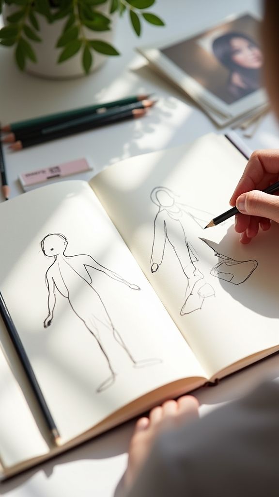 fc394d79ed0fee87515be44f0c840565 Person sketching human figures in a notebook at a well-lit desk with pencils and a plant, focusing on creative drawing. | Sky Rye Design Person sketching human figures in a notebook at a well-lit desk with pencils and a plant, focusing on creative drawing.