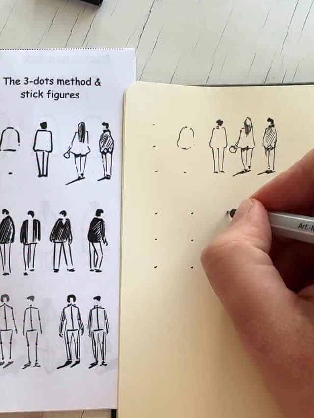 fc6d059d804157b583ca9e1de7c9f516 Person drawing stick figures using a 3-dots method guide, sketching on a notebook next to a reference sheet. Simple art technique. | Sky Rye Design Person drawing stick figures using a 3-dots method guide, sketching on a notebook next to a reference sheet. Simple art technique.