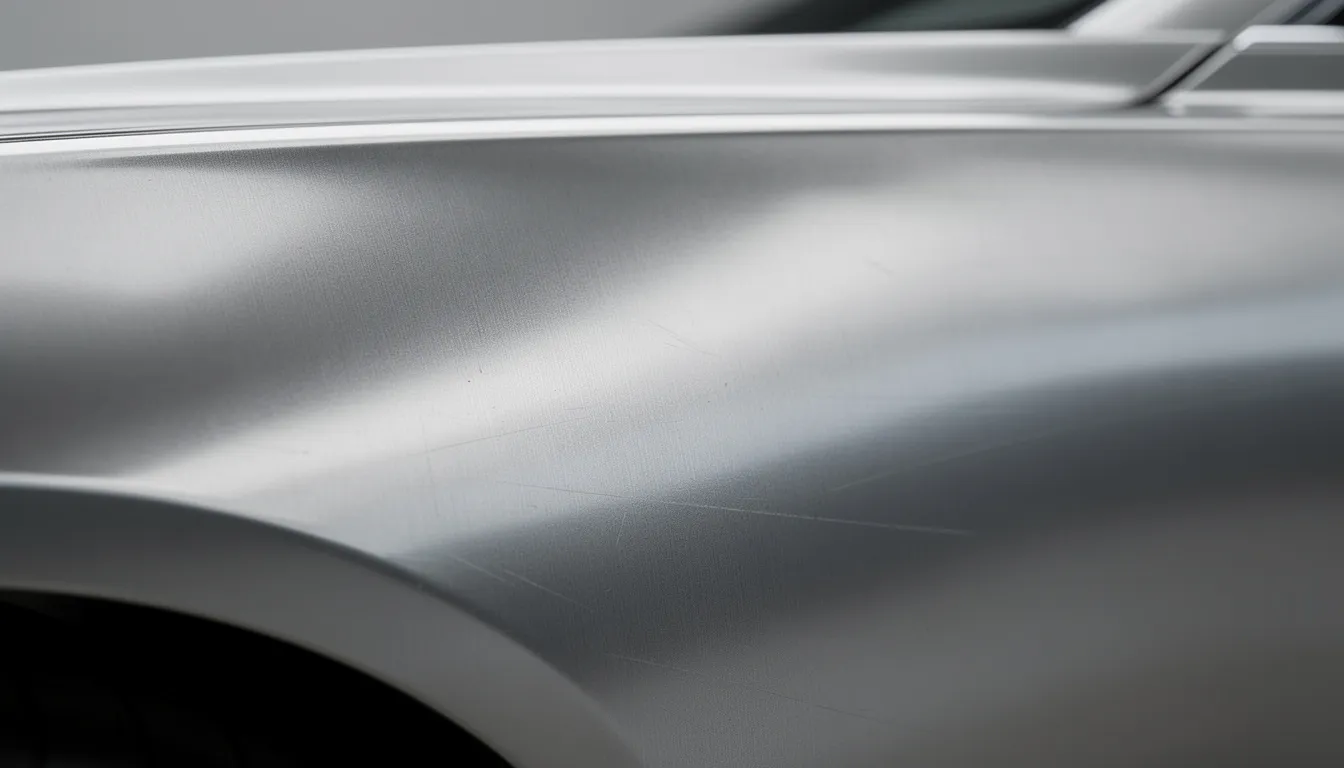 A close-up photograph captures the brushed stainless steel panels of a Delorean DMC car, showcasing the intricate reflections of light across its metallic surface. The image highlights the iconic design and quality craftsmanship that contribute to the vehicle's cult status in pop culture.