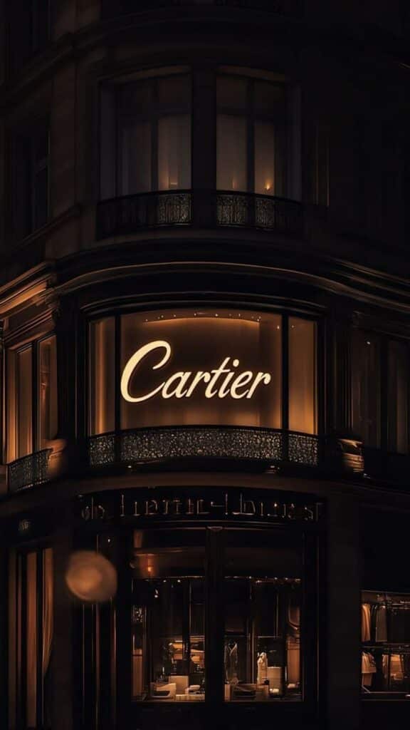 fe349fce-f8d9-484d-9ccf-e6924535be81 Elegant Cartier store illuminated at night, showcasing luxury displays in an ornate building. | Sky Rye Design Elegant Cartier store illuminated at night, showcasing luxury displays in an ornate building.