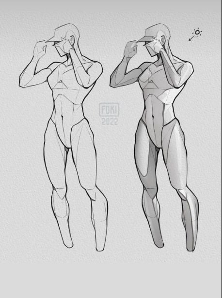 Two artistic sketches of a human figure posing. One is a line drawing, and the other shows added shading and highlights.