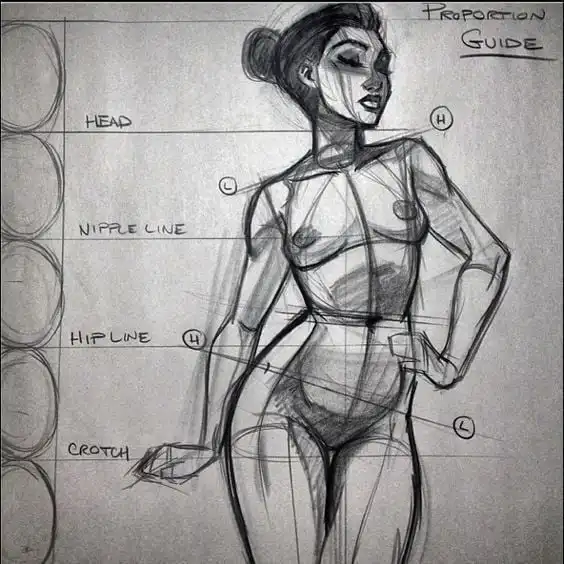 Sketch of a female figure drawing with labeled proportion guide, highlighting lines for head, nipple, hip, and crotch for artistic reference.