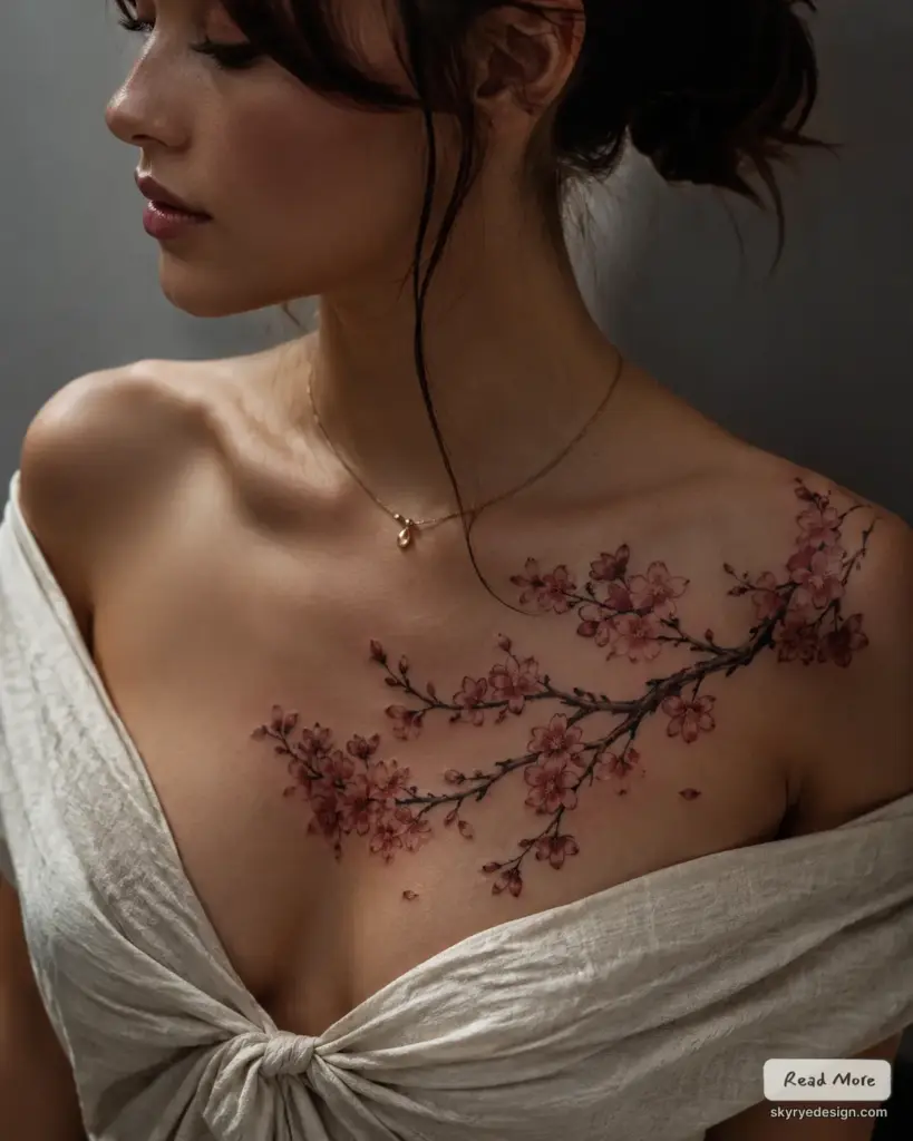 Close-up of woman with delicate pink cherry blossom branch tattoo across collarbone and upper chest, wearing draped top.